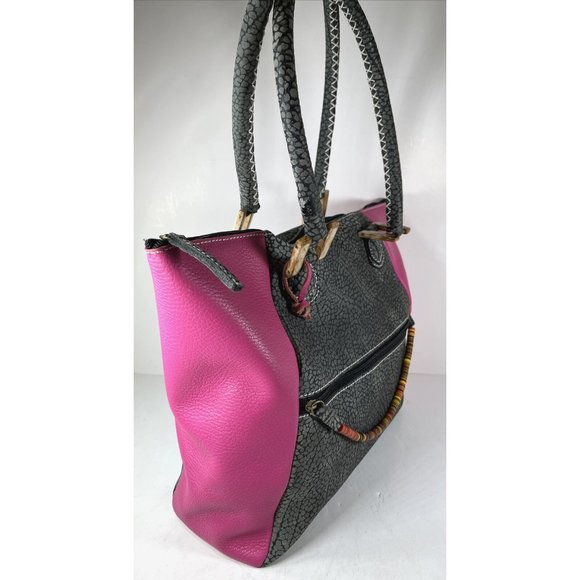 African Lily Pink and Gray Leather Tote Bag - Picture 5 of 16